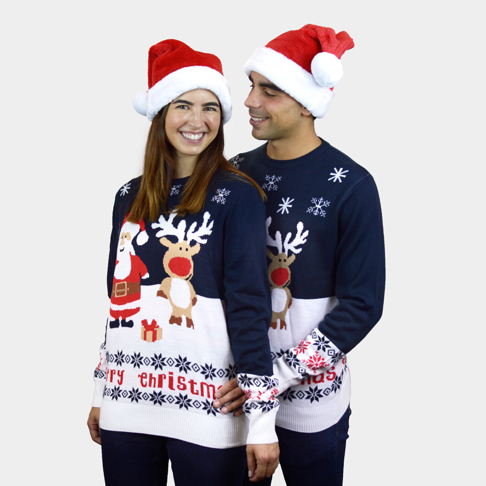Familien Weihnachtspullover Blau mit Weihnachtsmann und Rudolf Paar
