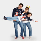 Familien Weihnachtspullover Blau mit Weihnachtsmann und Rudolf
