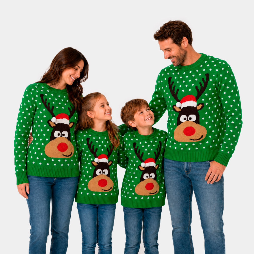 Familien Weihnachtspullover Grün mit Weihnachtsmütze 3D
