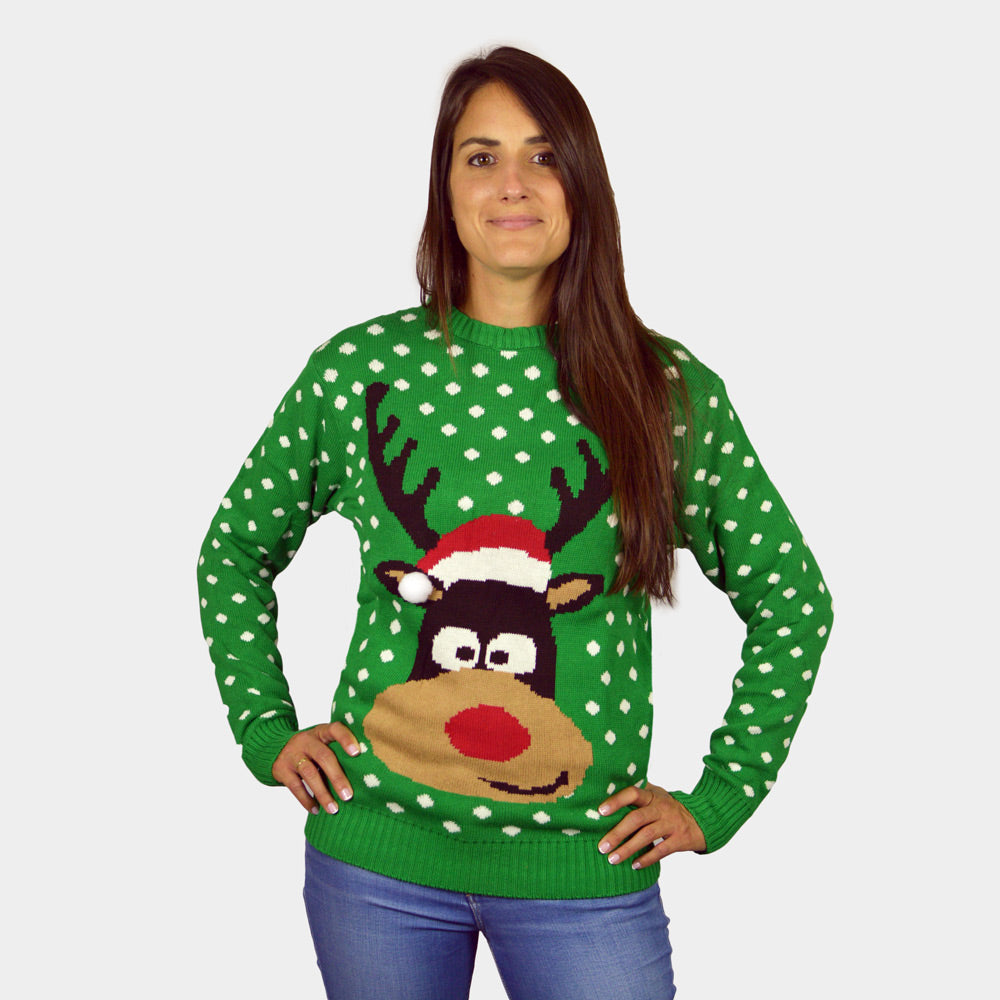 Familien Weihnachtspullover Grün mit Weihnachtsmütze in 3D Damen