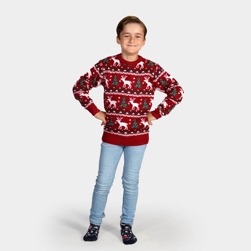 Familien Weihnachtspullover Rot mit Rentieren und Weihnachtsbäumen Kinder
