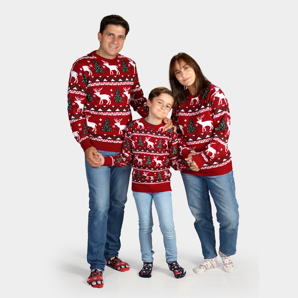 Familien Weihnachtspullover Rot mit Rentieren und Weihnachtsbäumen
