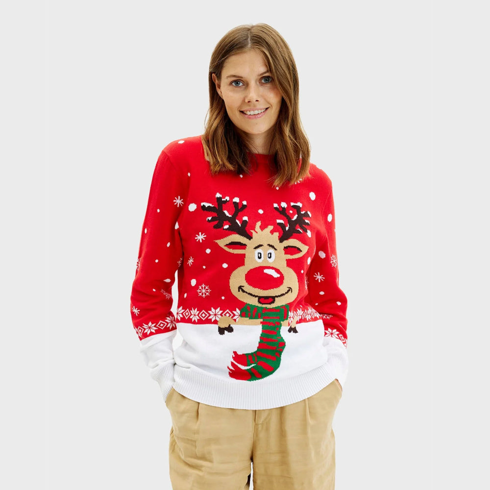 Familien Weihnachtspullover Rot Rudolf mit Schal Damen
