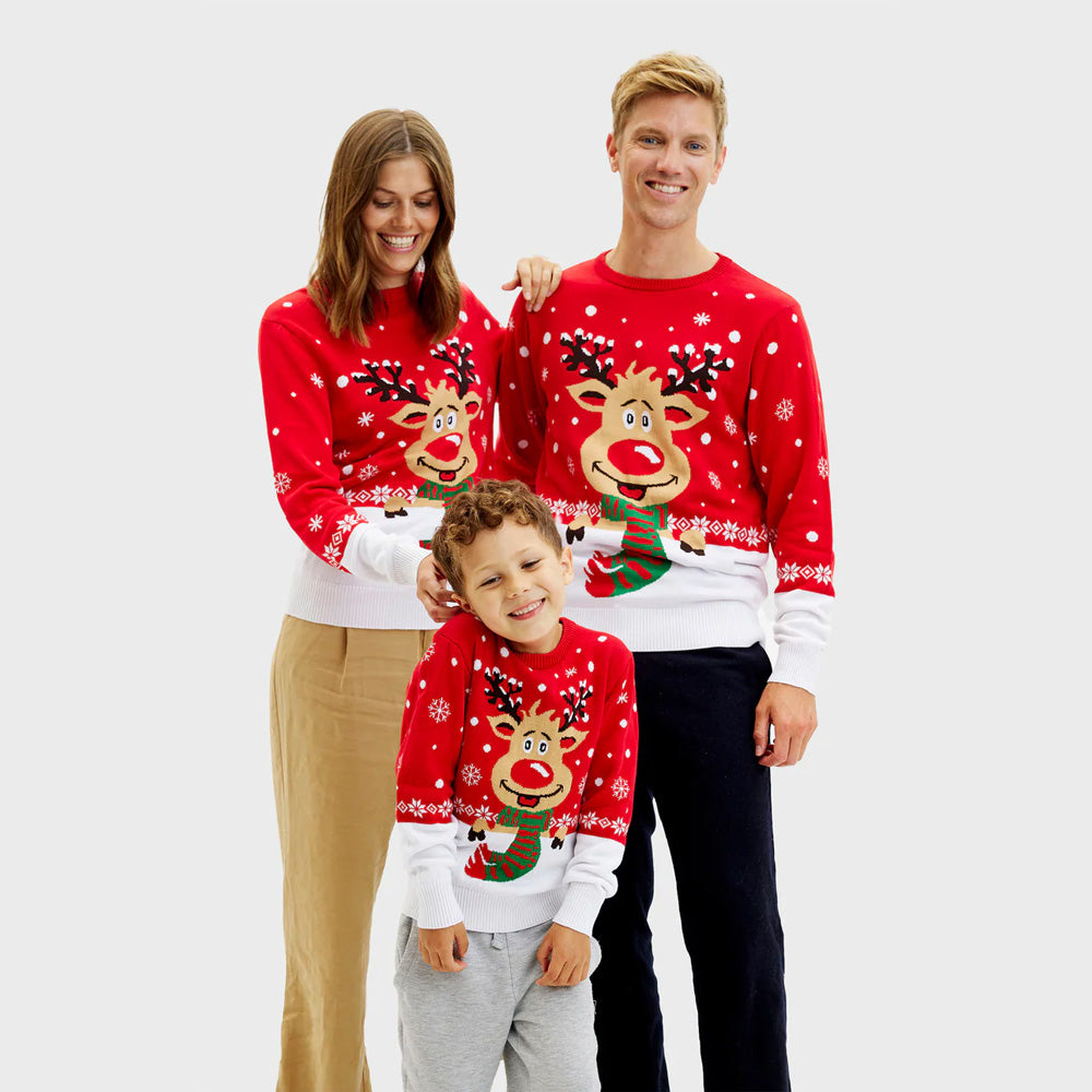 Familien Weihnachtspullover Rot Rudolf mit Schal
