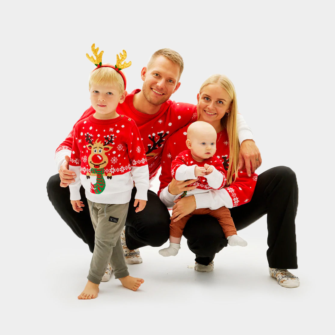 Familien Weihnachtspullover Rot mit Schal Rudolf 
