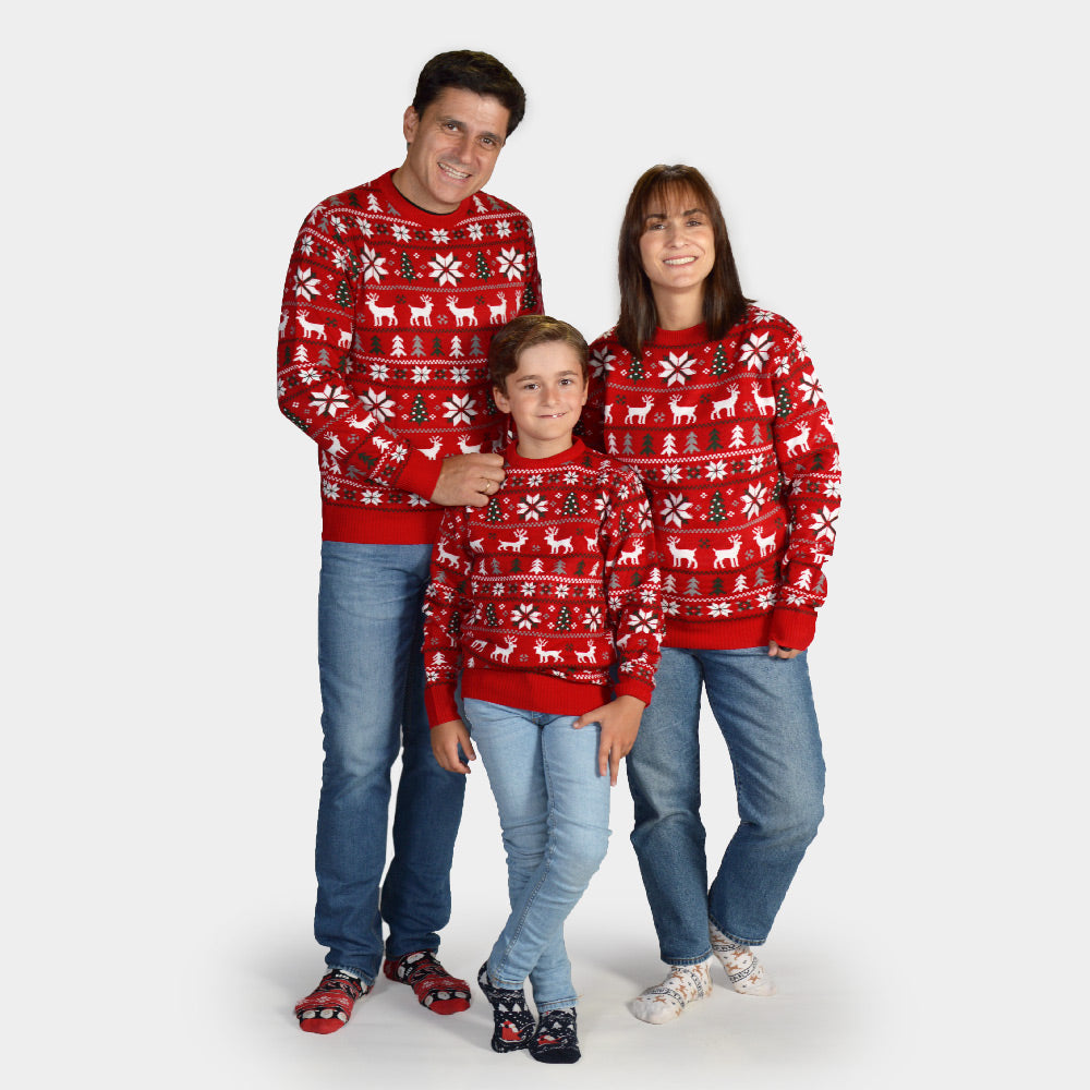 Familien Weihnachtspullover Rot Sternen Rentieren Weihnachtsbäumen
