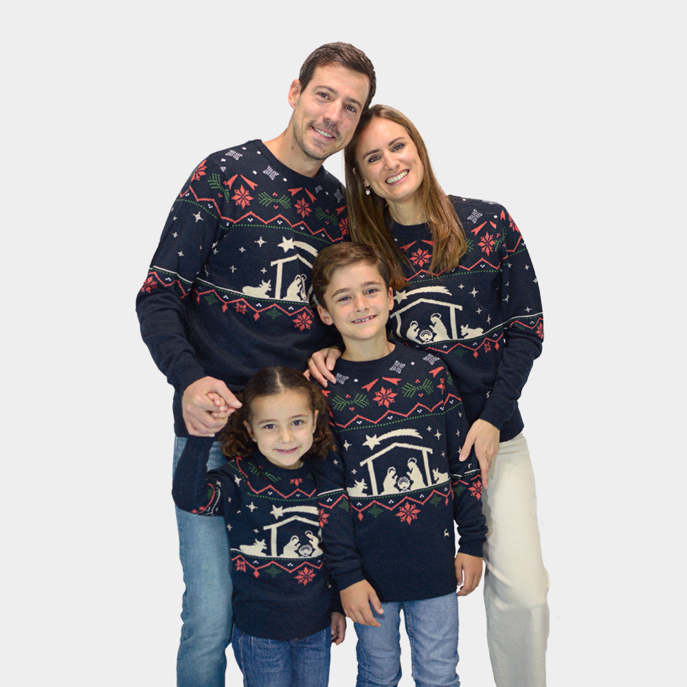 Familien Weihnachtspullover Blau Weihnachtskrippe
