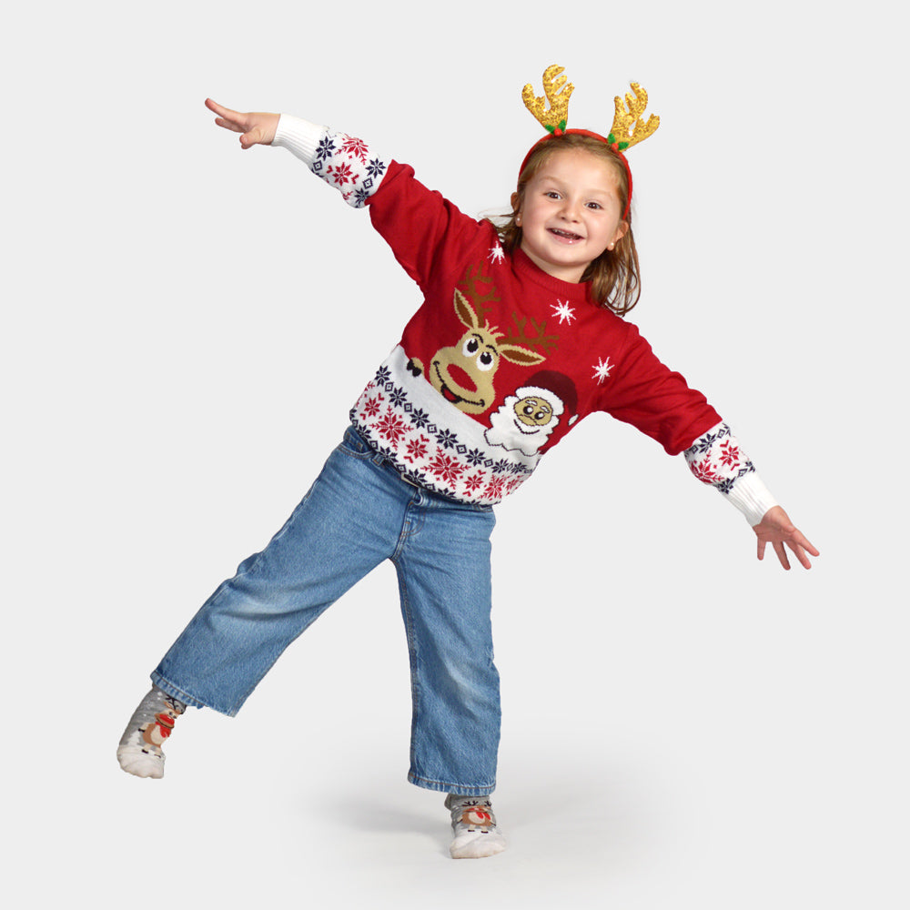 Familien Weihnachtspullover mit Weihnachtsmann und Rentier Rudolph Kinder
