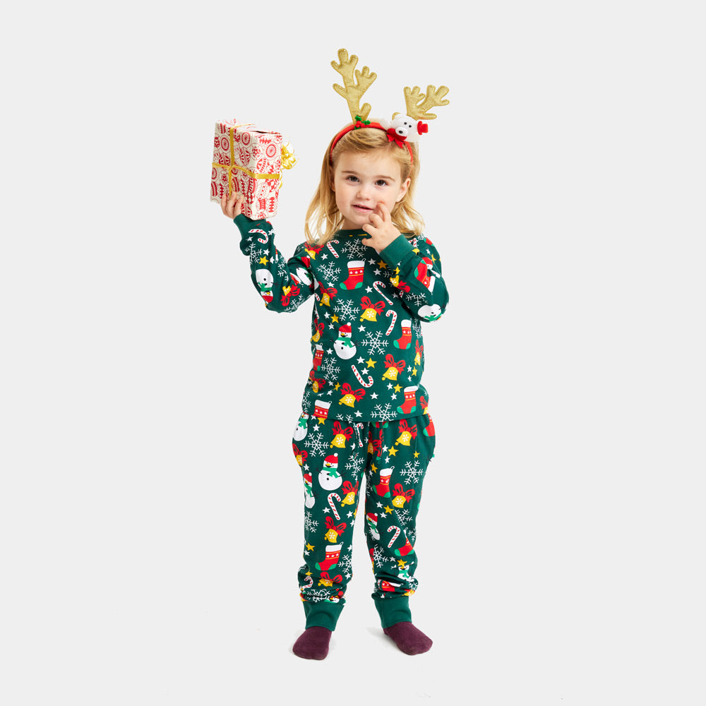 Kinder Weihnachtspyjama in Grün mit Weihnachtsmotiven aus Bio-Baumwolle