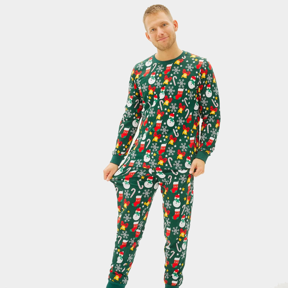 Weihnachtspyjama für Herren Unisex Grün mit Weihnachtsmotiven aus Bio-Baumwolle