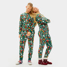 Weihnachtspyjama für Erwachsene Unisex Grün mit Weihnachtsmotiven aus Bio-Baumwolle
