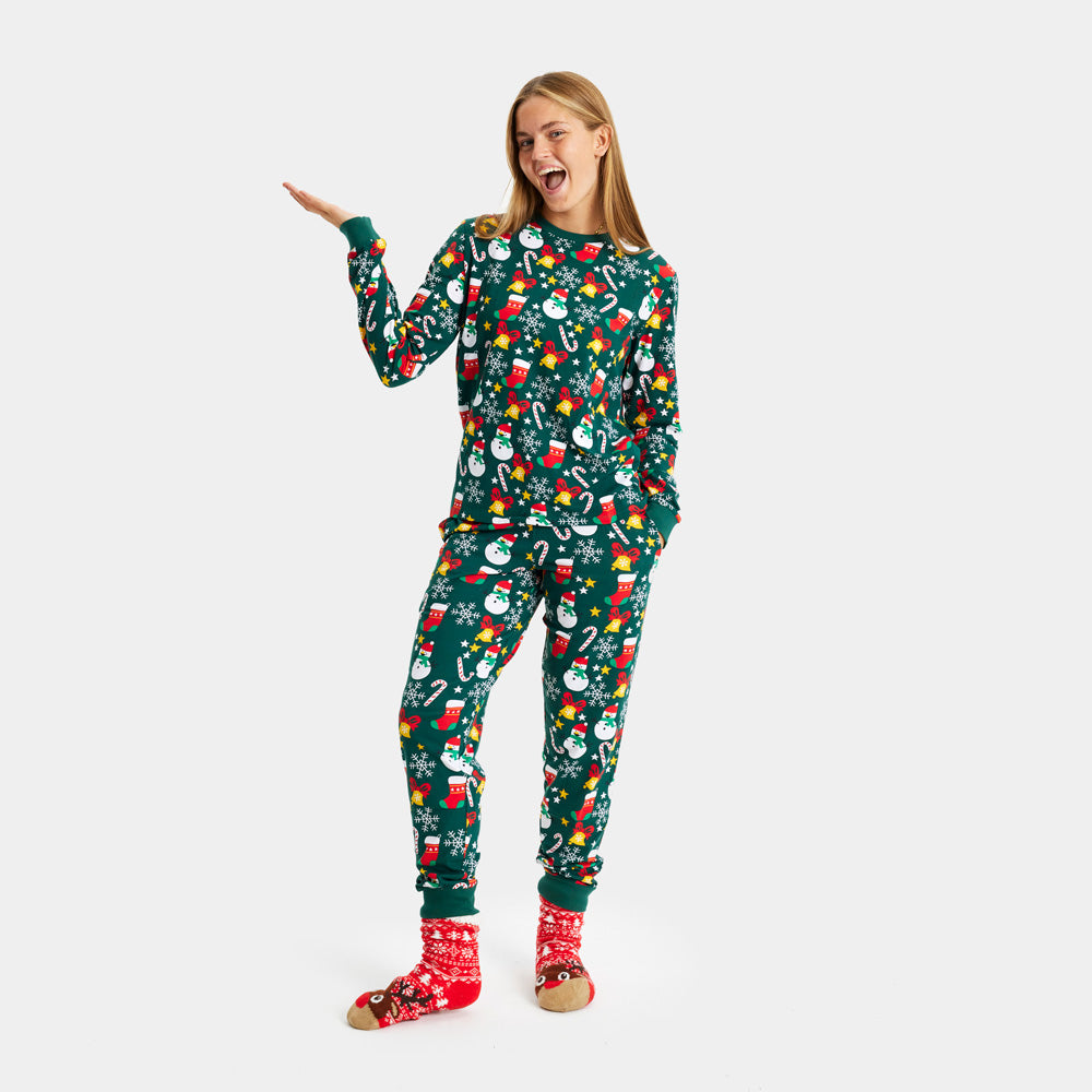 Weihnachtspyjama für Damen Unisex Grün mit Weihnachtsmotiven aus Bio-Baumwolle