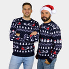 Herren Weihnachtspullover Blau mit Bäumen, Schneemännern und Weihnachtsmann Paar
