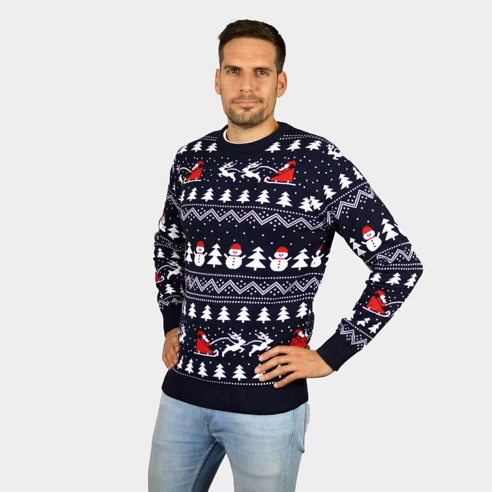 Herren Weihnachtspullover Blau mit Bäumen, Schneemännern und Weihnachtsmann
