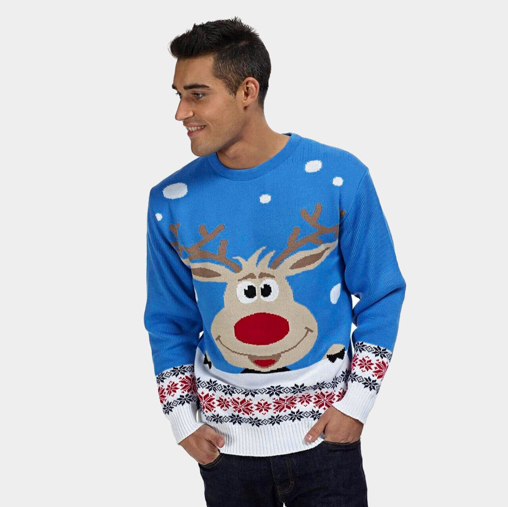 Herren Weihnachtspullover Blau mit Rentier und Schnee
