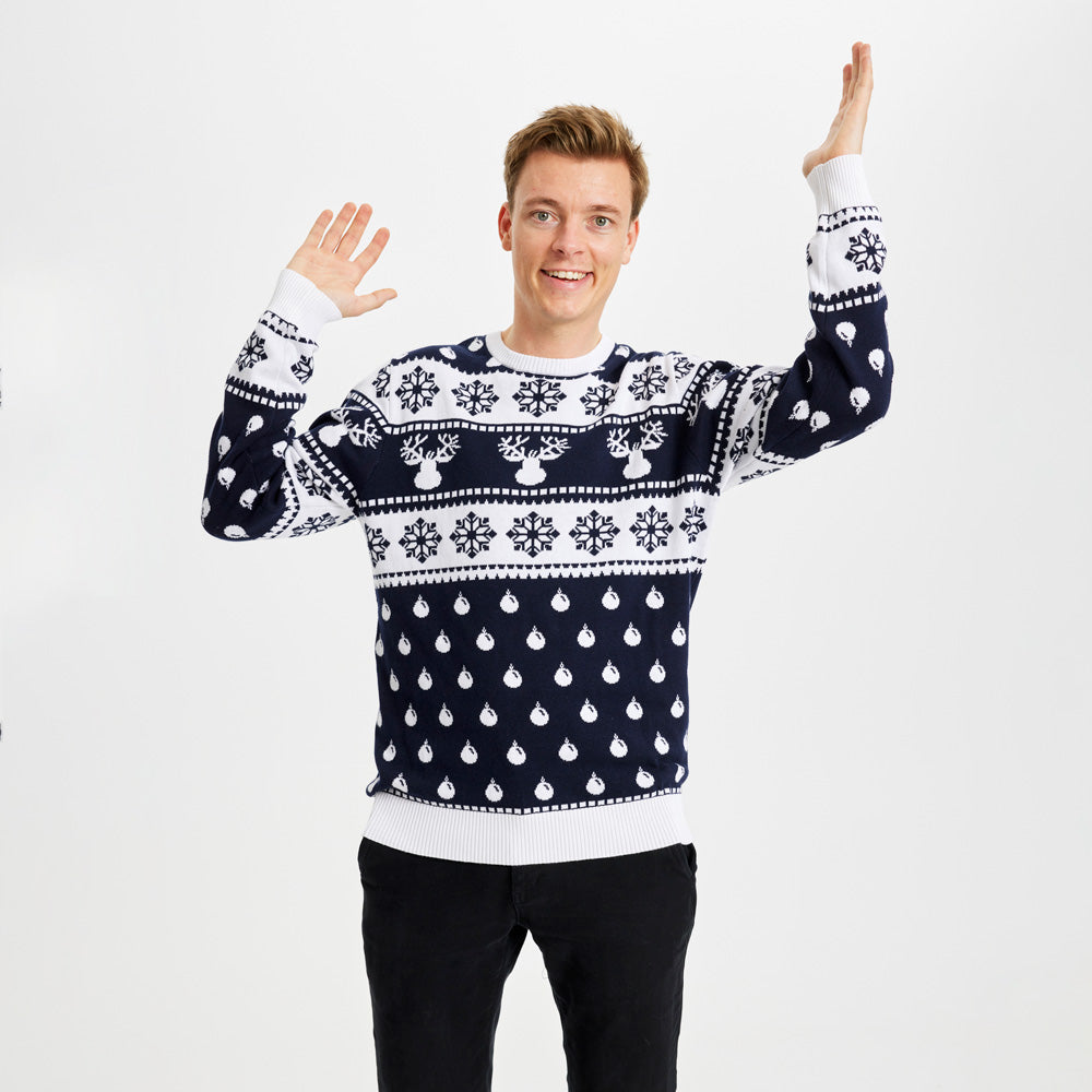 Herren Weihnachtspullover Blau mit Rentieren und Schneeflocken
