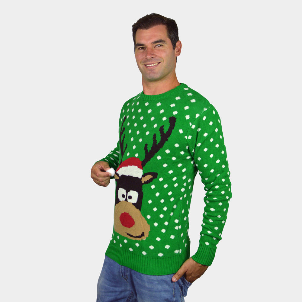 Herren Weihnachtspullover Grün mit Weihnachtsmütze in 3D
