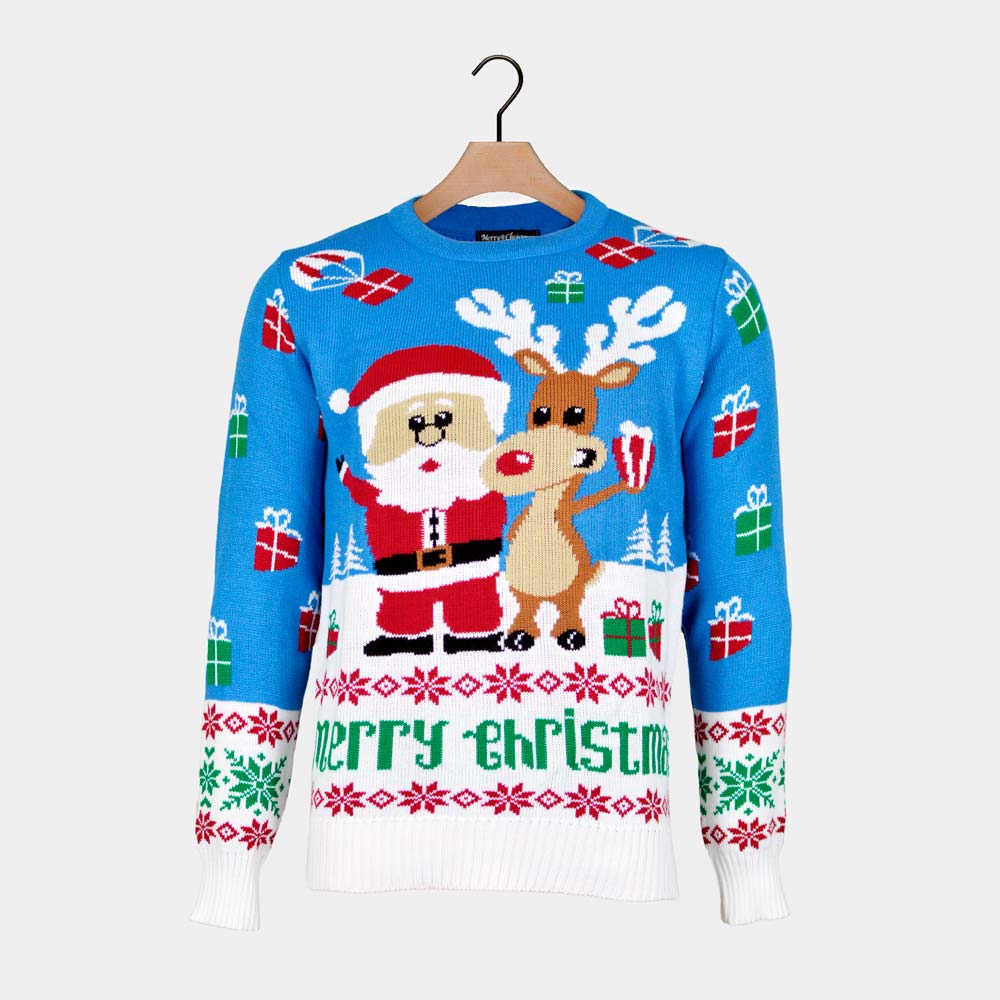 Herren Weihnachtspullover Blau Weihnachtsmann Rudolf

