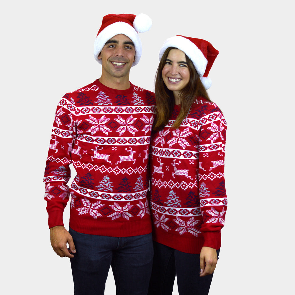 Herren Weihnachtspullover Klassischer Rot mit Polarsternen Paar
