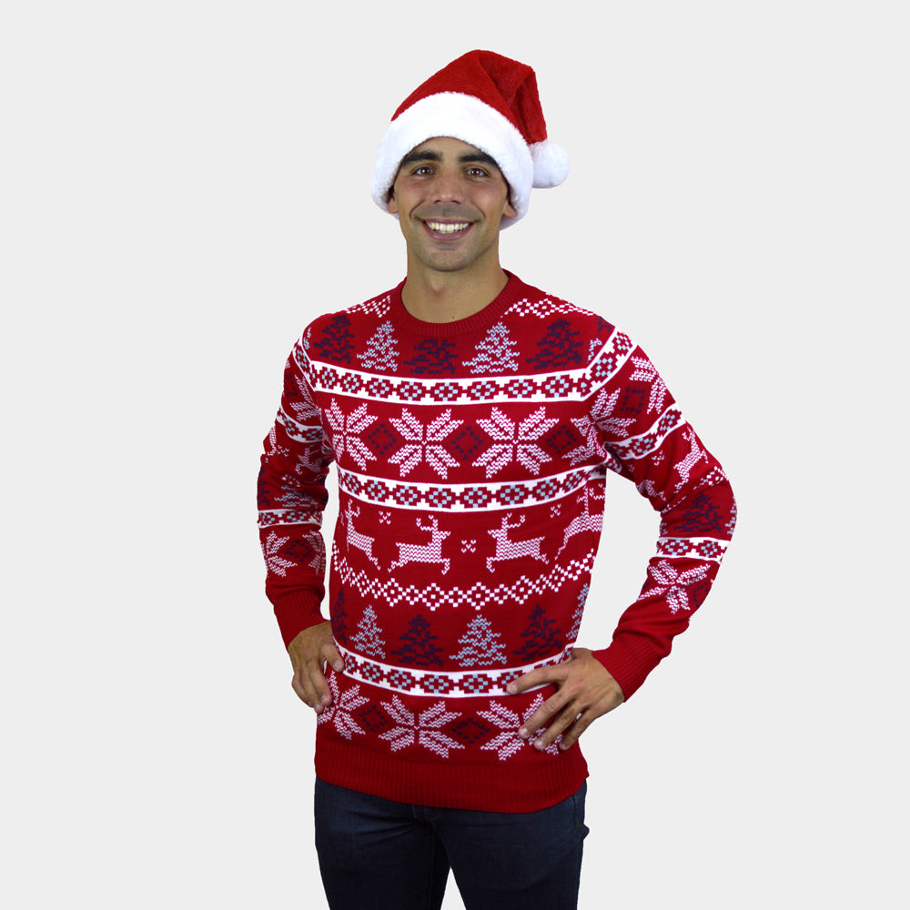 Herren Weihnachtspullover Klassischer Rot mit Polarsternen
