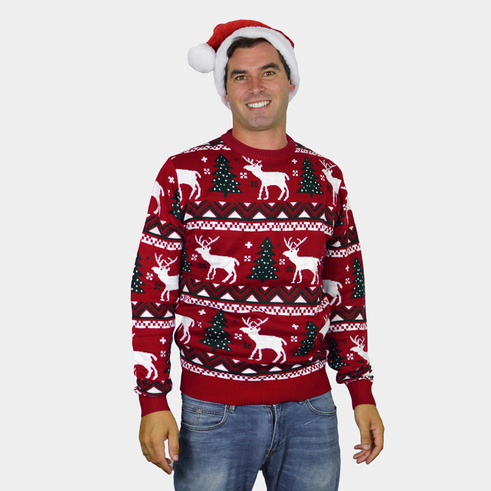 Herren Weihnachtspullover Rot mit Rentieren und Weihnachtsbäumen
