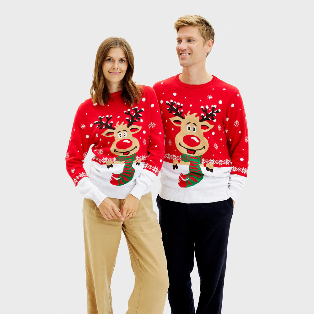 Herren Weihnachtspullover Rot Rudolf mit Schal Paar
