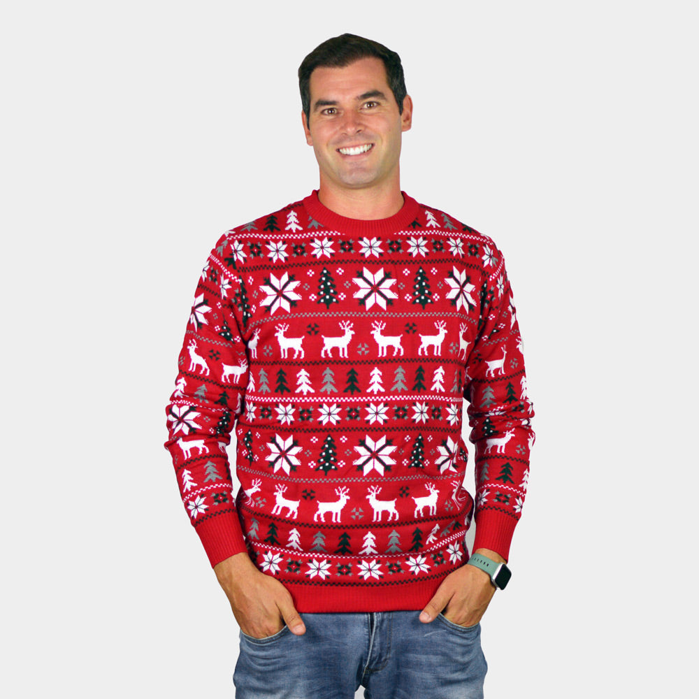 Herren Weihnachtspullover Rot Sternen Rentieren Weihnachtsbäumen
