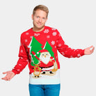 Weihnachtspullover Herren Rot mit Weihnachtsmann und winkendem Rentier
