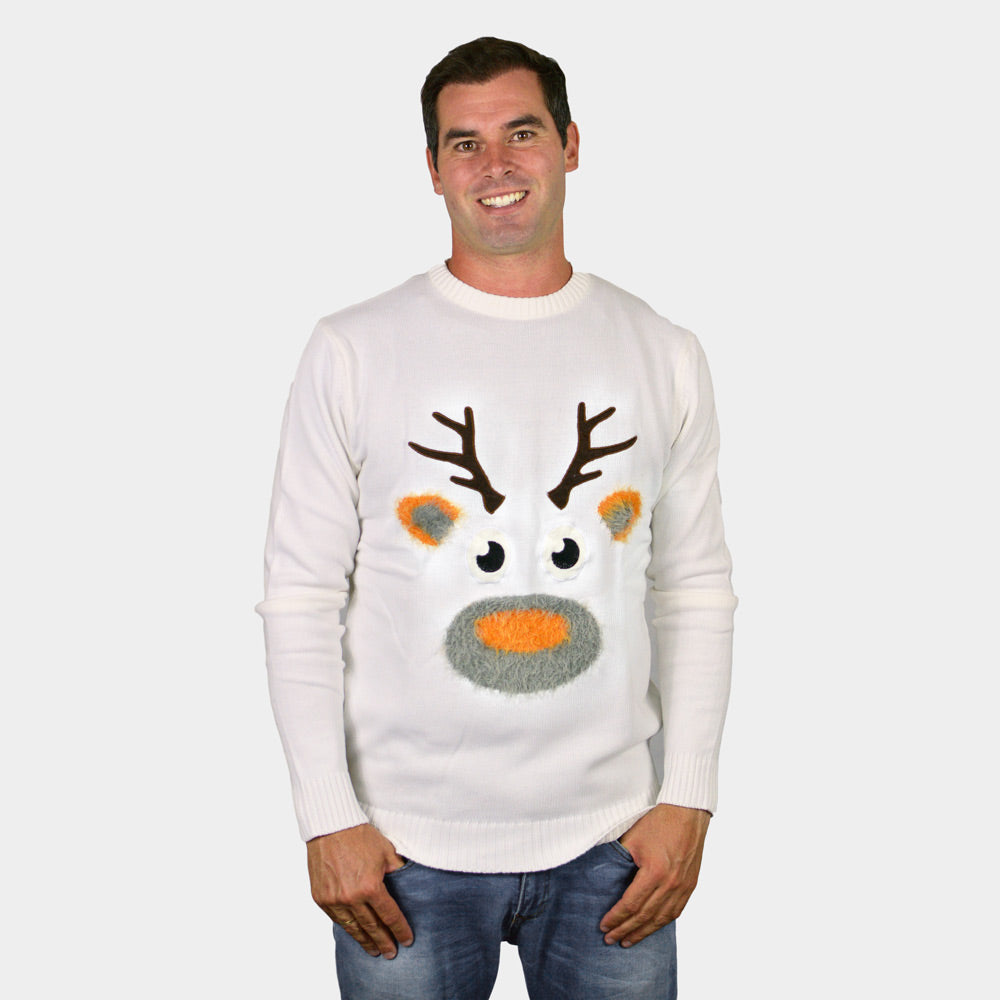 Herren Weihnachtspullover Weiß mit Rentier in 3D
