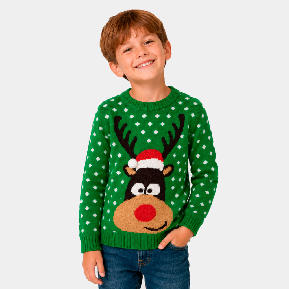 Kinder Weihnachtspullover Grün mit Weihnachtsmütze 3D
