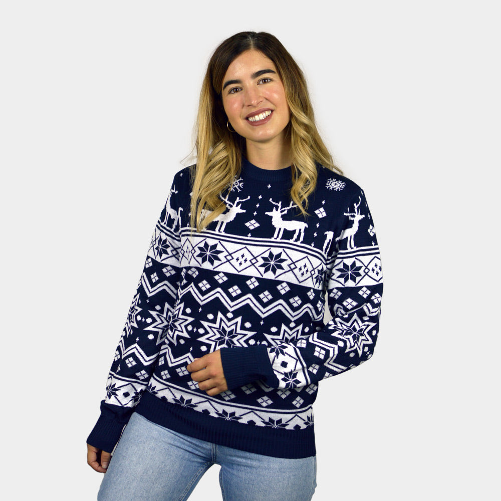 Kinder Weihnachtspullover Blau mit Nordische Sternen und Rentieren Damen
