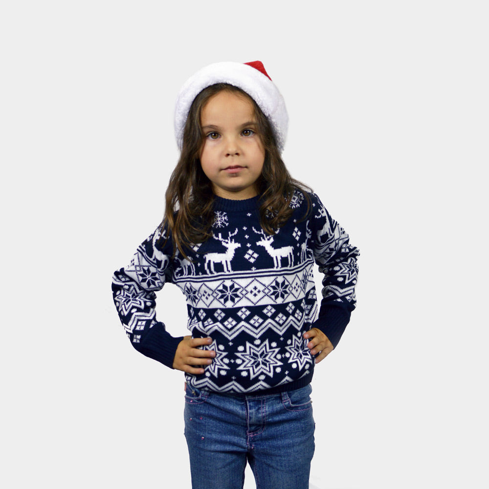 Kinder Weihnachtspullover Blau mit Nordische Sternen und Rentieren
