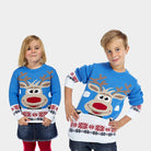 Kinder Weihnachtspullover Blau mit Rentier und Schnee
