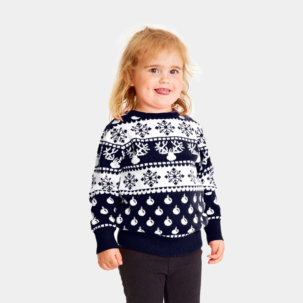 Kinder Weihnachtspullover Blau mit Rentieren und Schneeflocken
