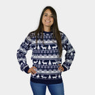 Kinder Weihnachtspullover Blau mit Rentieren und Weihnachtsbäumen Damen
