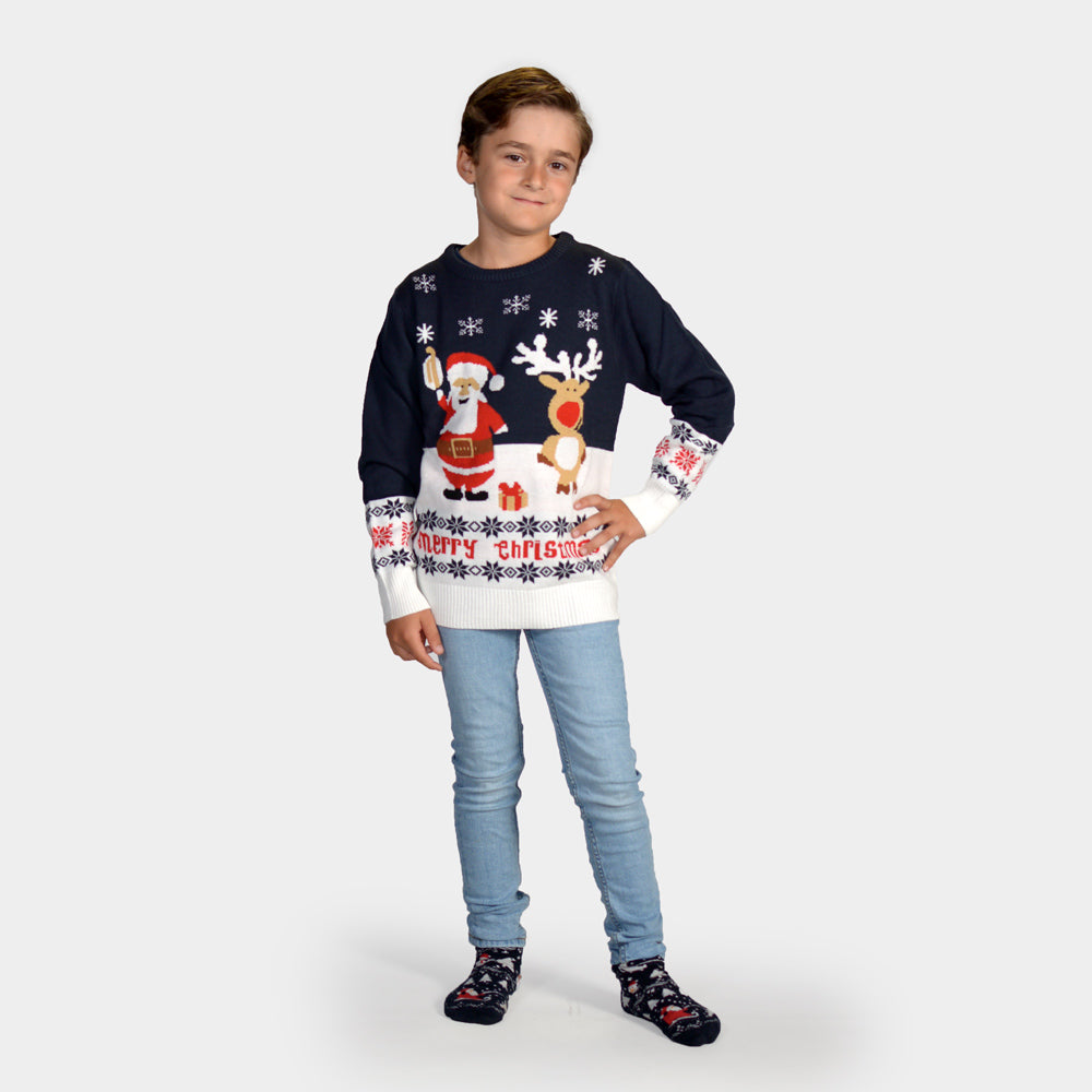 Kinder Weihnachtspullover Blau mit Weihnachtsmann und Rudolf
