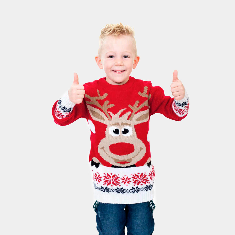 Kinder Weihnachtspullover Rot mit Rentier und Schnee
