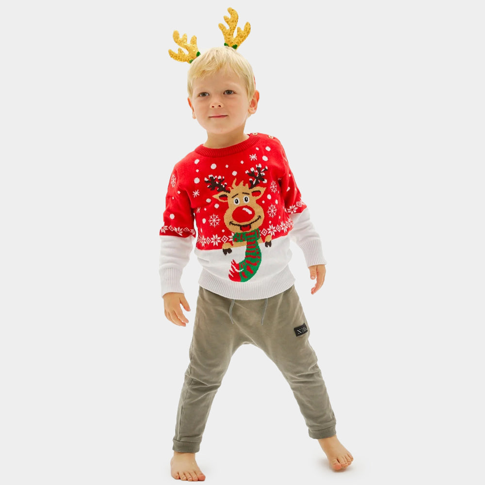 Kinder Weihnachtspullover Rot Rudolf mit Schal
