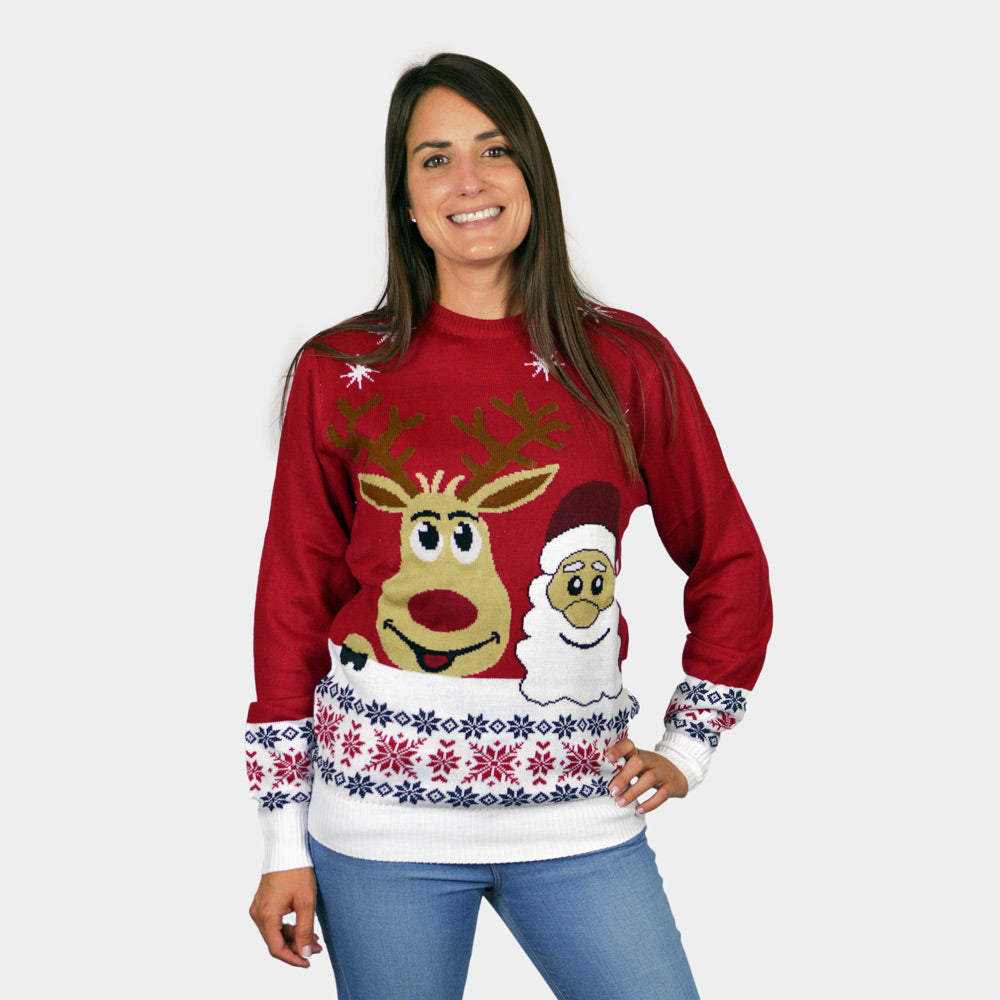 Kinder Weihnachtspullover mit Weihnachtsmann und Rentier Rudolph Damen
