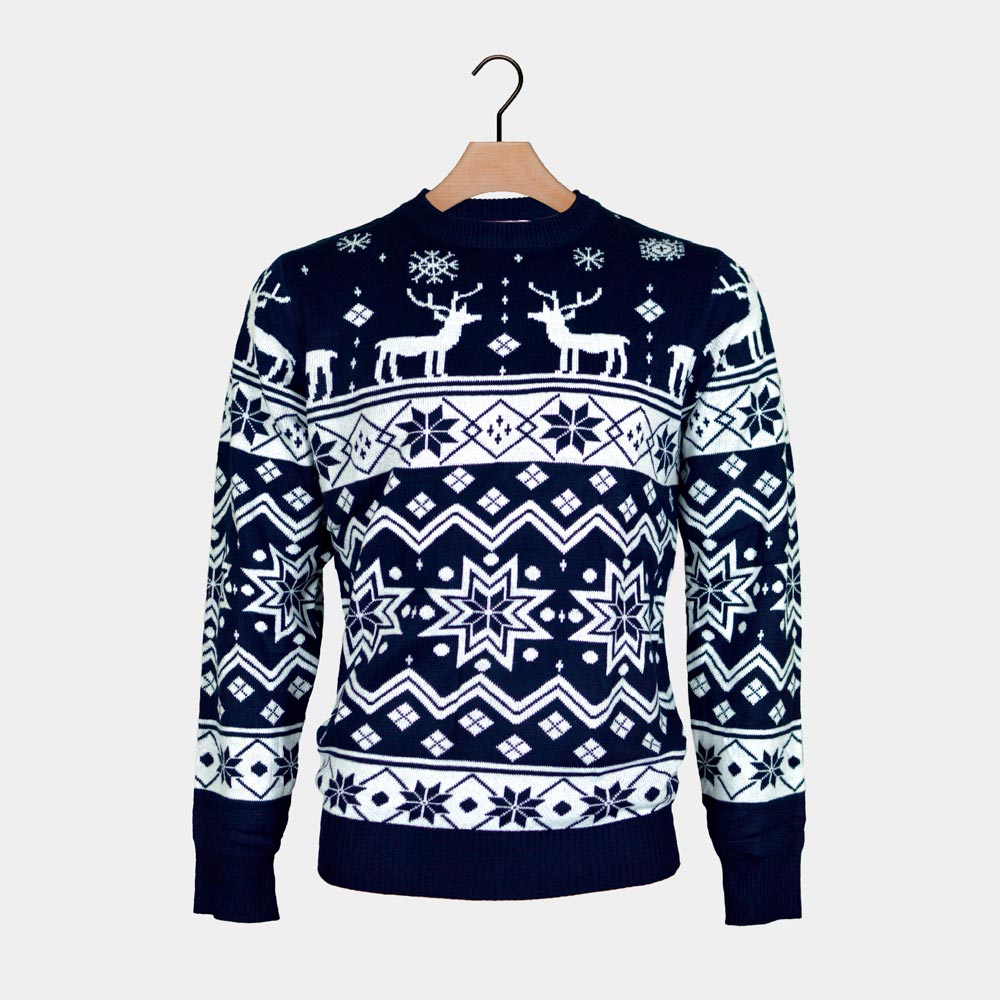 Nordische Damen Weihnachtspullover Blau mit Sternen und Rentieren
