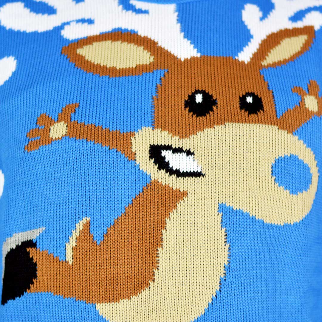 Weihnachtspullover Paare Blau mit Schlittschuh-Rentier
