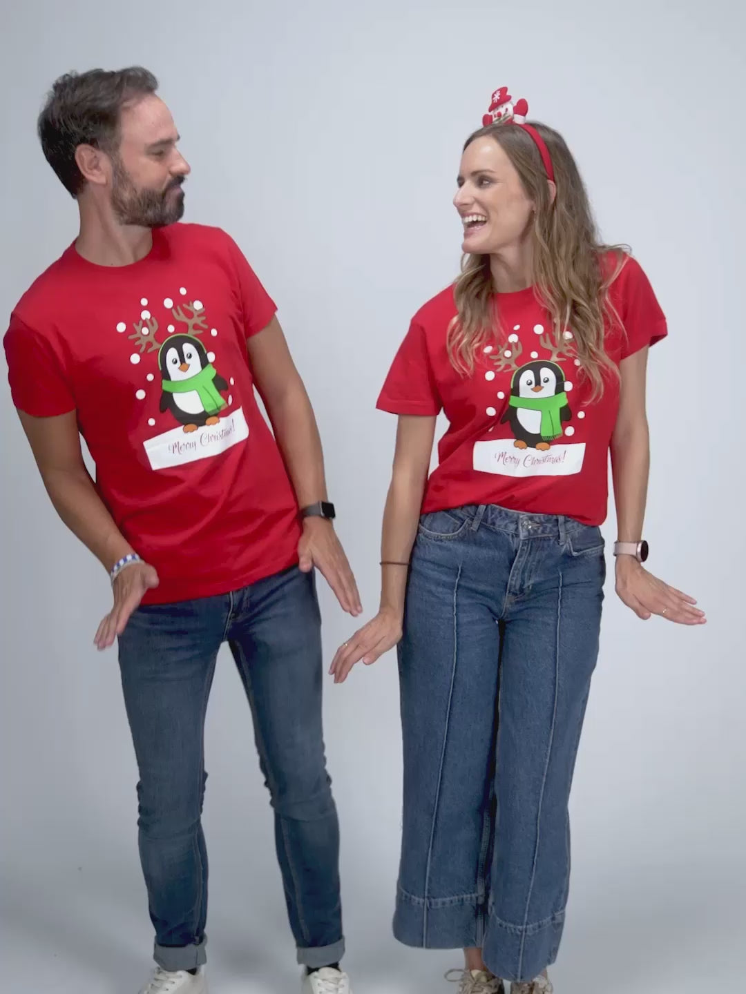Weihnachts T-shirt in Rot für Damen und Herren mit Pinguinen