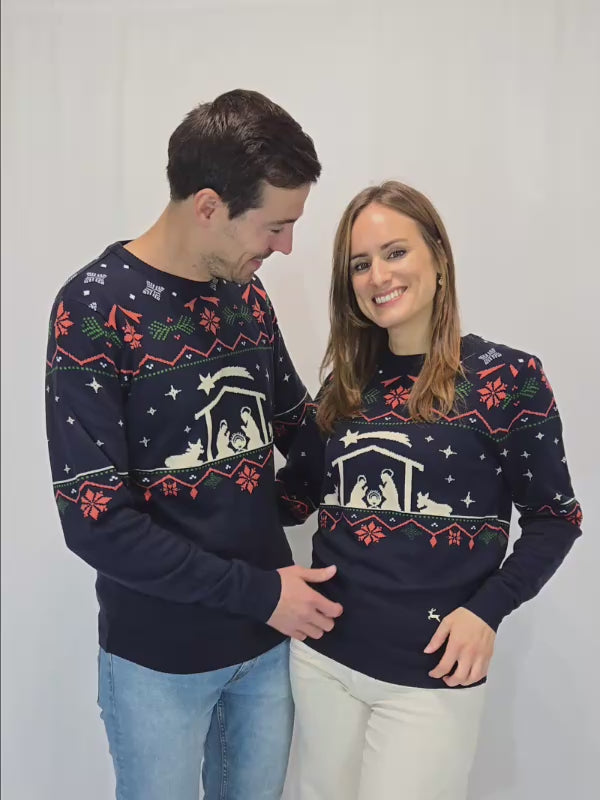 Damen und Herren Weihnachtspullover Blau Weihnachtskrippe