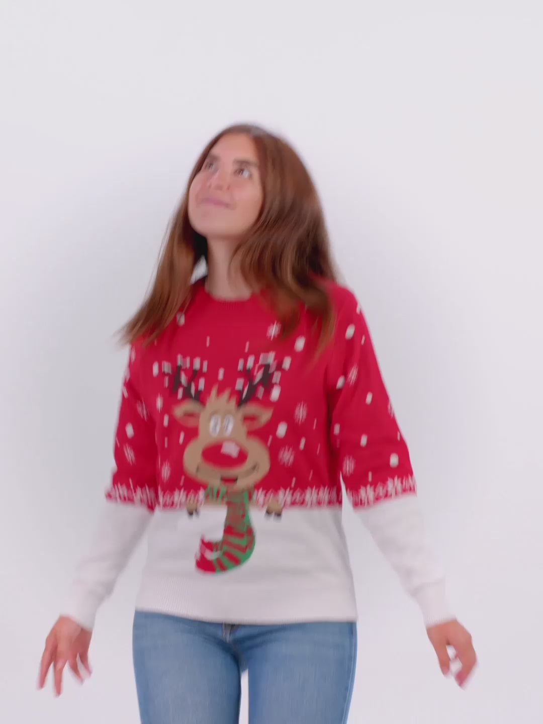 Damen und Herren Weihnachtspullover Rot Rudolf mit Schal