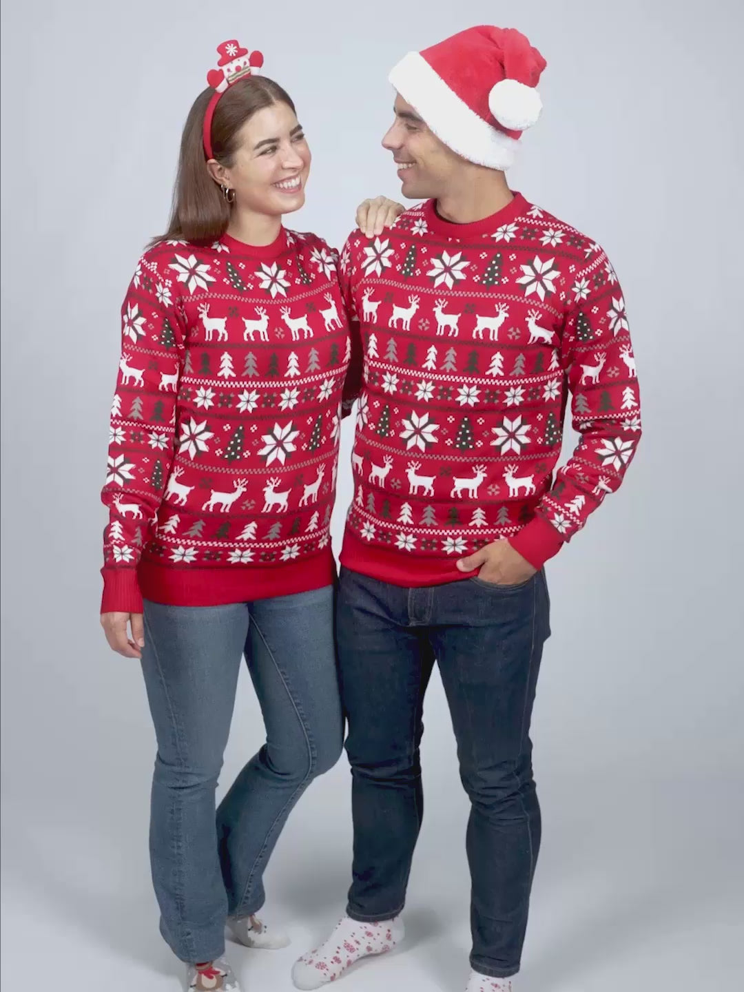 Damen und Herren Weihnachtspullover Rot Sternen Rentieren Weihnachtsbäumen