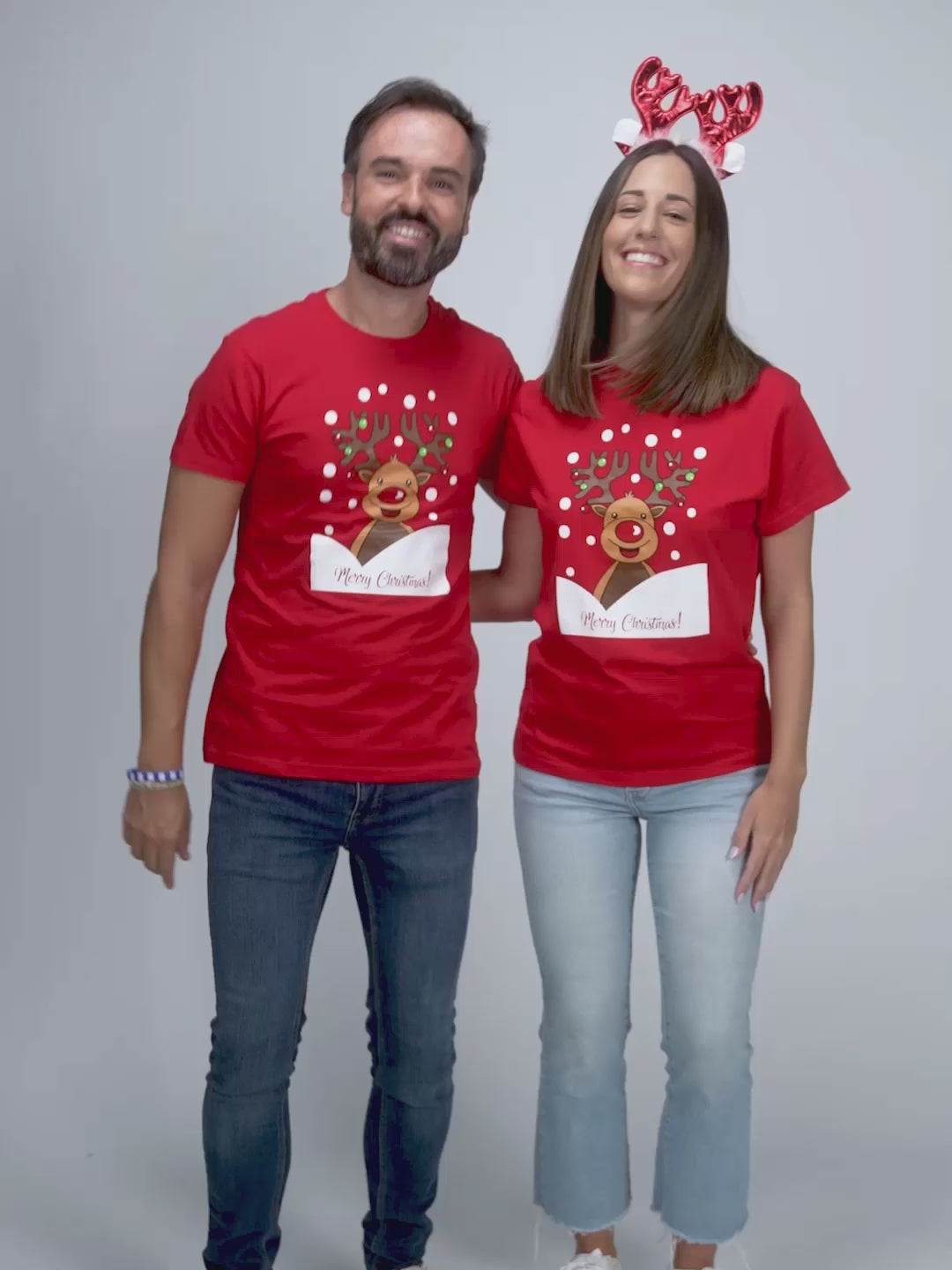 Weihnachts T-shirt in Rot für Damen und Herren mit Rentier Rudolph