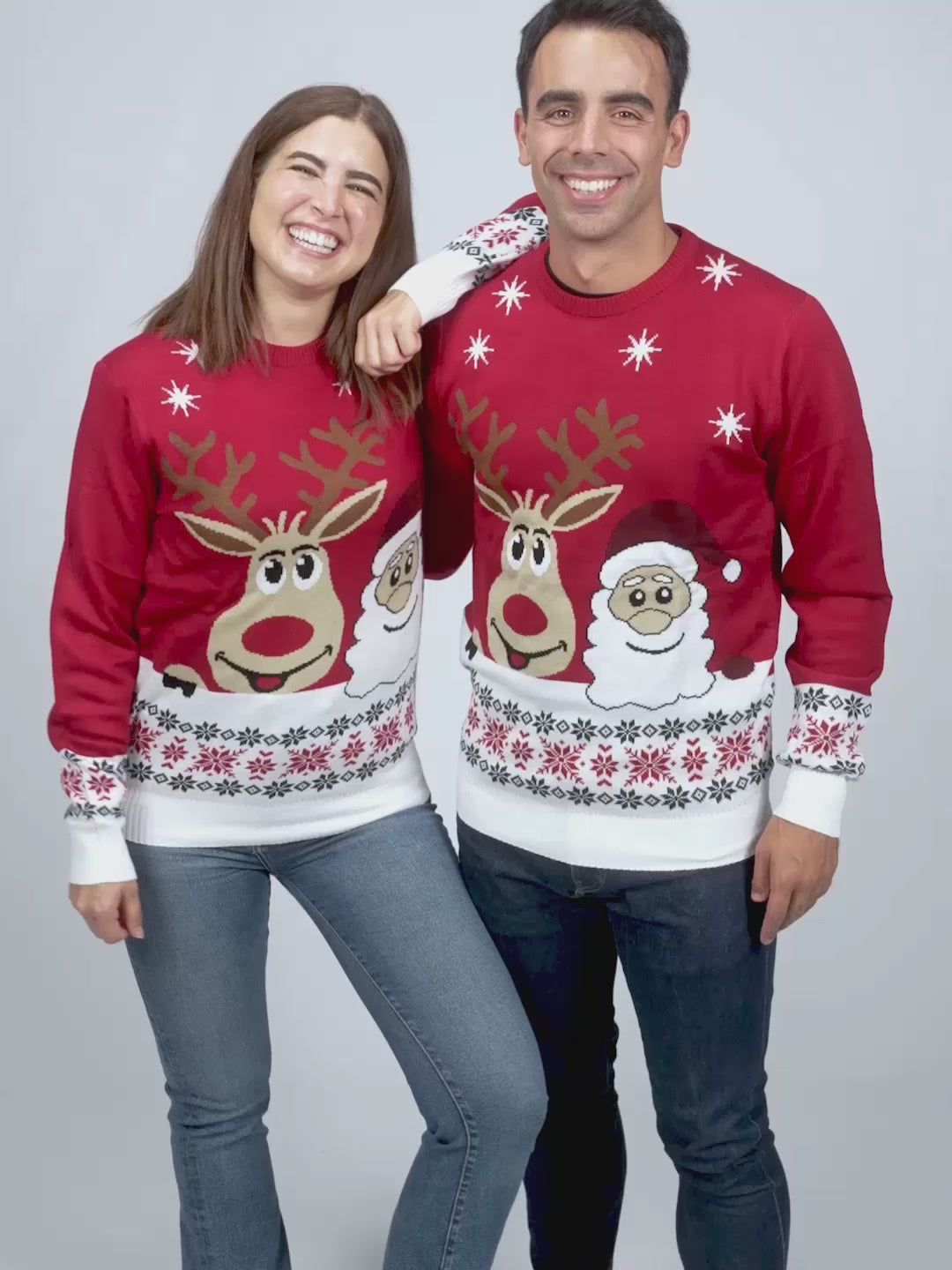 Damen und Herren Weihnachtspullover mit Weihnachtsmann und Rentier Rudolph