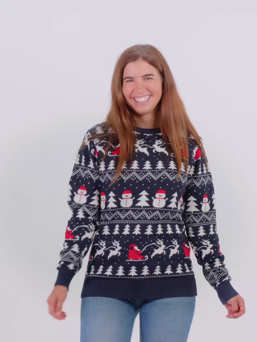 Damen und Herren Weihnachtspullover Blau mit Bäumen, Schneemännern und Weihnachtsmann
