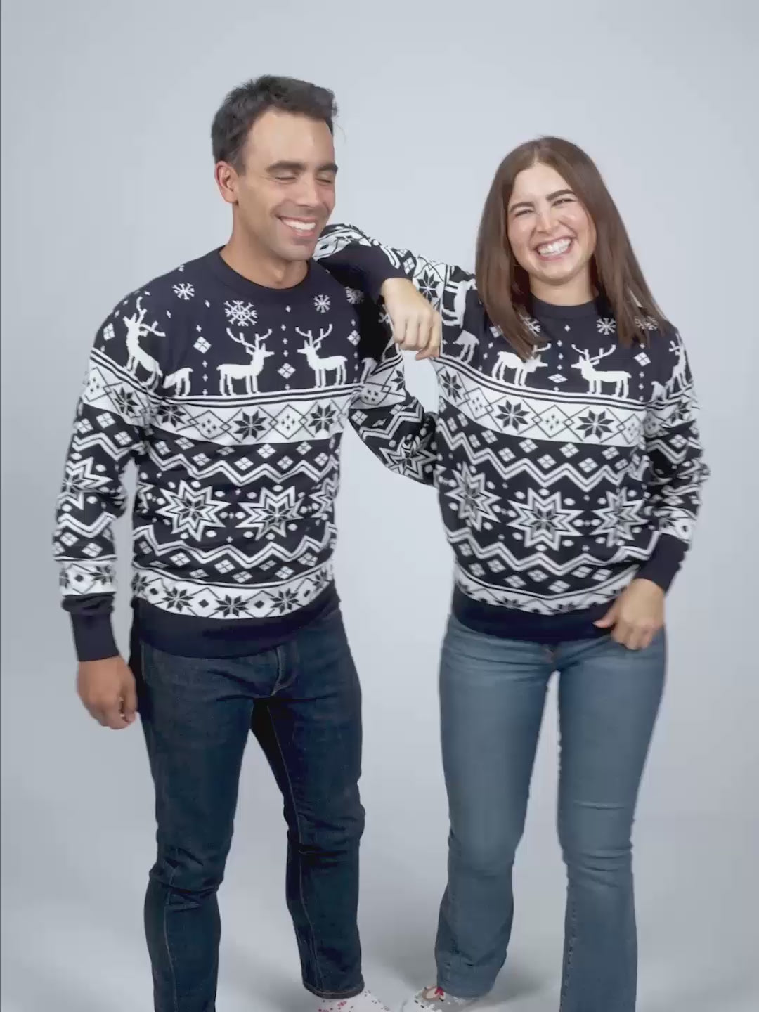 Damen und Herren Weihnachtspullover Blau mit Nordische Sternen und Rentieren