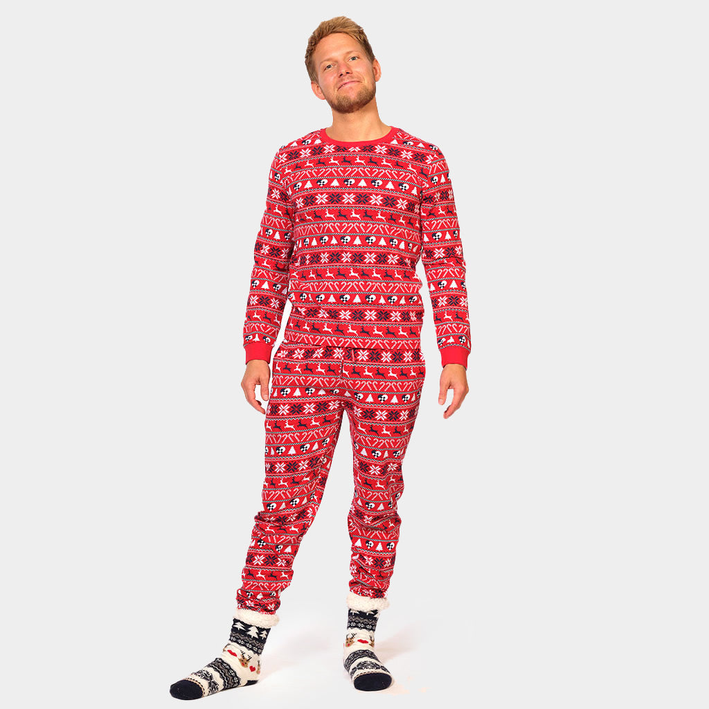 Weihnachtspyjama für Herren Unisex Rot mit Rentieren und Weihnachtsbäumen aus Bio-Baumwolle